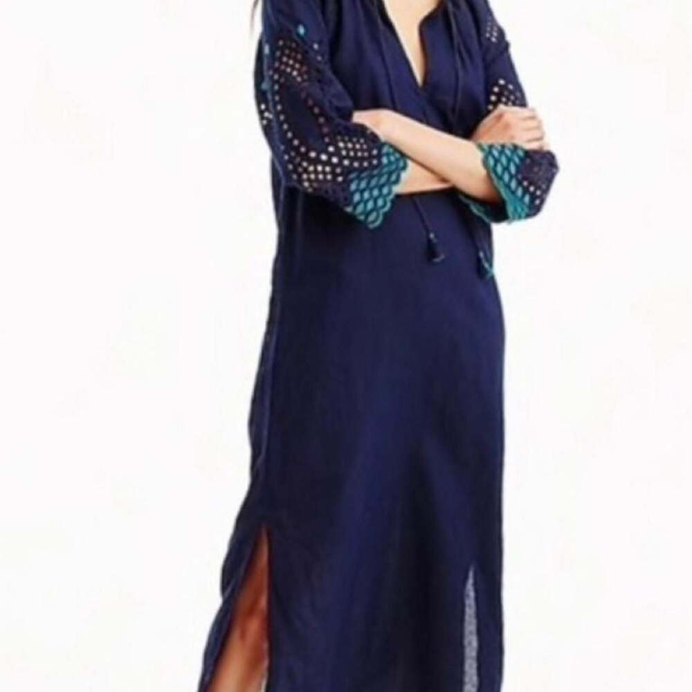 J.Crew Navy Cotton Linen Eyelet Caftan Embroidered Maxi Dress Size M